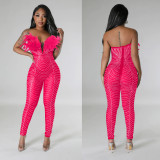 Women Solid Sexy Mesh Beaded Jumpsuit