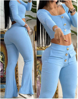Women u-neck buttoned nine-quarter sleeves Top and Bell Bottom trousers two-piece set