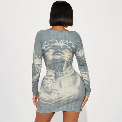 Women Printed Long Sleeve Bodycon Dress