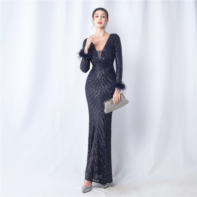 Sequins Feather Long-Sleeved Evening Dress