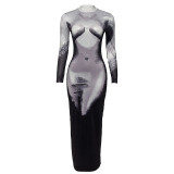 Fashionable Body Print Round Neck Long Sleeve High Waisted Bodycon Slim Fit Long Dress
