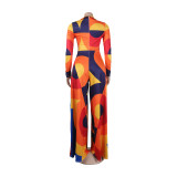 Sexy Slim Deep V Printed Wide Leg Turndown Collar Slim Waist Long Sleeve Jumpsuit