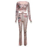 Autumn Women 's Sexy Mesh Printed Strappy Tops High Waist Tight Fitting Pants Suit For Women