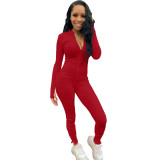 Women 's Fashion Casual Solid Color Zipper Long Sleeve Jumpsuit