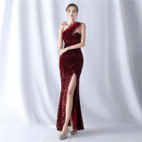 Feather Sequined One-Shoulder Evening Dress