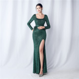 Sequined Long-Sleeved Evening Gown