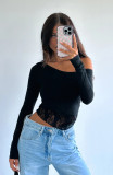 Women Casual Lace Solid Basic Long Sleeve T-Shirt