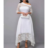 Women Irregular Lace Off-Shoulder Hollow Solid White Maxi Dress