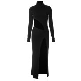 Women High Neck Sexy Hollow Slit Maxi Dress