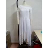 Women Irregular Lace Off-Shoulder Hollow Solid White Maxi Dress