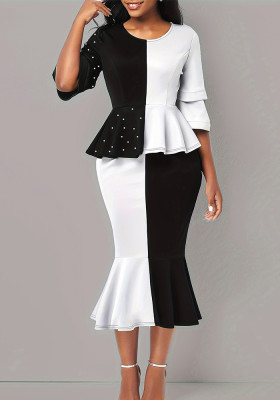 Plus Size Women Black and White Contrast Patchwork Beaded Top and Mermaid Skirt Two-piece Set