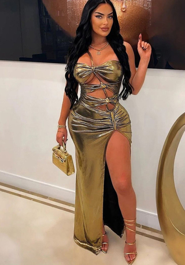 Women Metallic Patchwork Hollow Backless Sexy Slit Maxi Dress