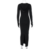 Women winter sexy v-neck hooded long-sleeved finger cot dress