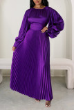 Women waisted loose long sleeve pleated dress