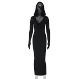 Women winter sexy v-neck hooded long-sleeved finger cot dress