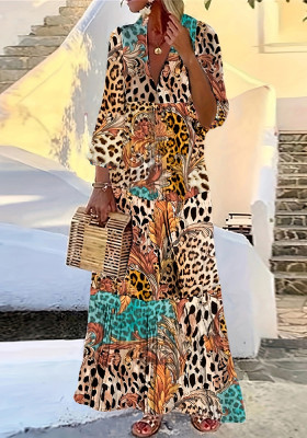 Plus Size Women Deep V Neck Leopard Print Patchwork Maxi Dress