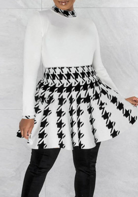Women Casual Houndstooth Print Long Sleeve Top and Mini Skirt Two-piece Set