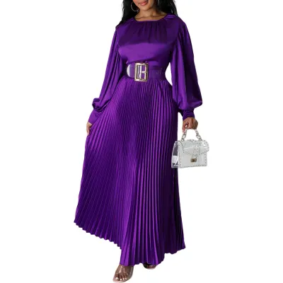 Women waisted loose long sleeve pleated dress