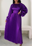 Women waisted loose long sleeve pleated dress