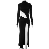 Women High Neck Sexy Hollow Slit Maxi Dress