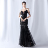 Women beaded mesh evening dress