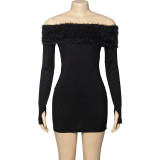 Women Solid Long Sleeve Off Shoulder Patchwork Furry Sexy Mini Dress