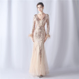 Women ostrich feather mesh sequin evening dress