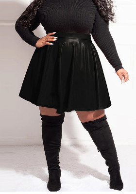 Plus Size High Waist Slim A-line Pleated Pu Leather Skirt
