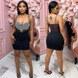 Sexy mesh see-through rhinestone beaded bodycon dress