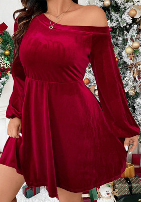 Christmas Plus Size Women's Chic Sexy Off Shoulder Long Sleeve Velvet Slim Waist A-Line Dress