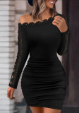 Autumn and Winter Solid Color Lace Patchwork Off Shoulder Tight Fitting Sexy Long Sleeve Bodycon Dress for Women