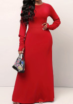 Elegant Women's Spring Autumn Fashion Red Round Neck Long Dress