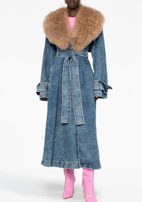 Autumn Fashion Chic Fur Collar Slim Waist Slim Fit Denim Windbreaker Women's Long Jacket