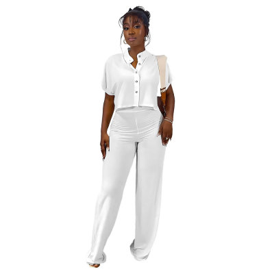 Versatile short Sleeve Shirt top solid color straight women's trousers Casual two-piece set