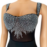 Sexy mesh see-through rhinestone beaded bodycon dress