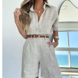 Women's Autumn Solid Color Fashion Linen Long Sleeve Shirt Belt Shorts Women's Suit