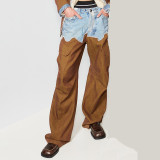 Women American Asymmetric Denim Patchwork Cargo Casual Straight Pants