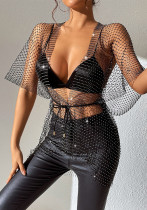 Women Sexy Fishnet Sparkling Diamond Short Sleeve Top