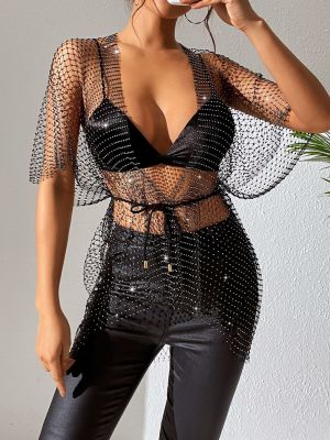 Women Sexy Fishnet Sparkling Diamond Short Sleeve Top