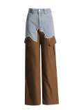 Women American Asymmetric Denim Patchwork Cargo Casual Straight Pants