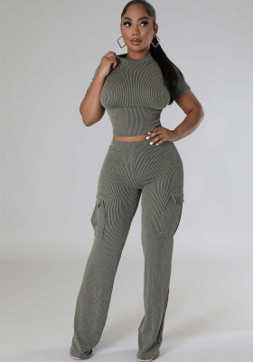 Women Solid short-sleeved top and wide-leg pants two-piece set