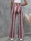 Women Casual Striped Bell Bottom High Waist Denim Pants