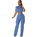 Women Solid short-sleeved top and wide-leg pants two-piece set