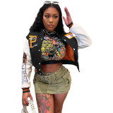 Women Fashion Velvet Print Embroidered Baseball Jacket