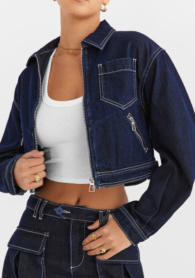 Women Vintage Zipper Denim Loose Crop Jacket