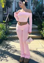 Women Off Shoulder Long Sleeve Top And Bell Bottom Pants Two-piece Set