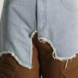 Women American Asymmetric Denim Patchwork Cargo Casual Straight Pants