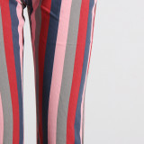 Women Casual Striped Bell Bottom High Waist Denim Pants