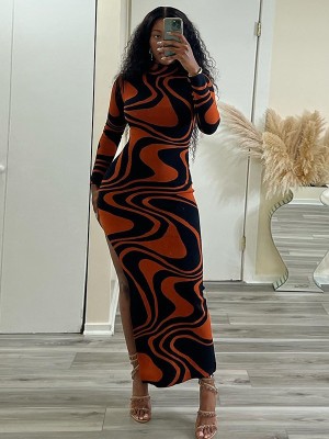 Women Print Half Turtle Neck Long Sleeve Slit Maxi Dress