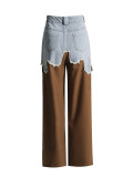 Women American Asymmetric Denim Patchwork Cargo Casual Straight Pants